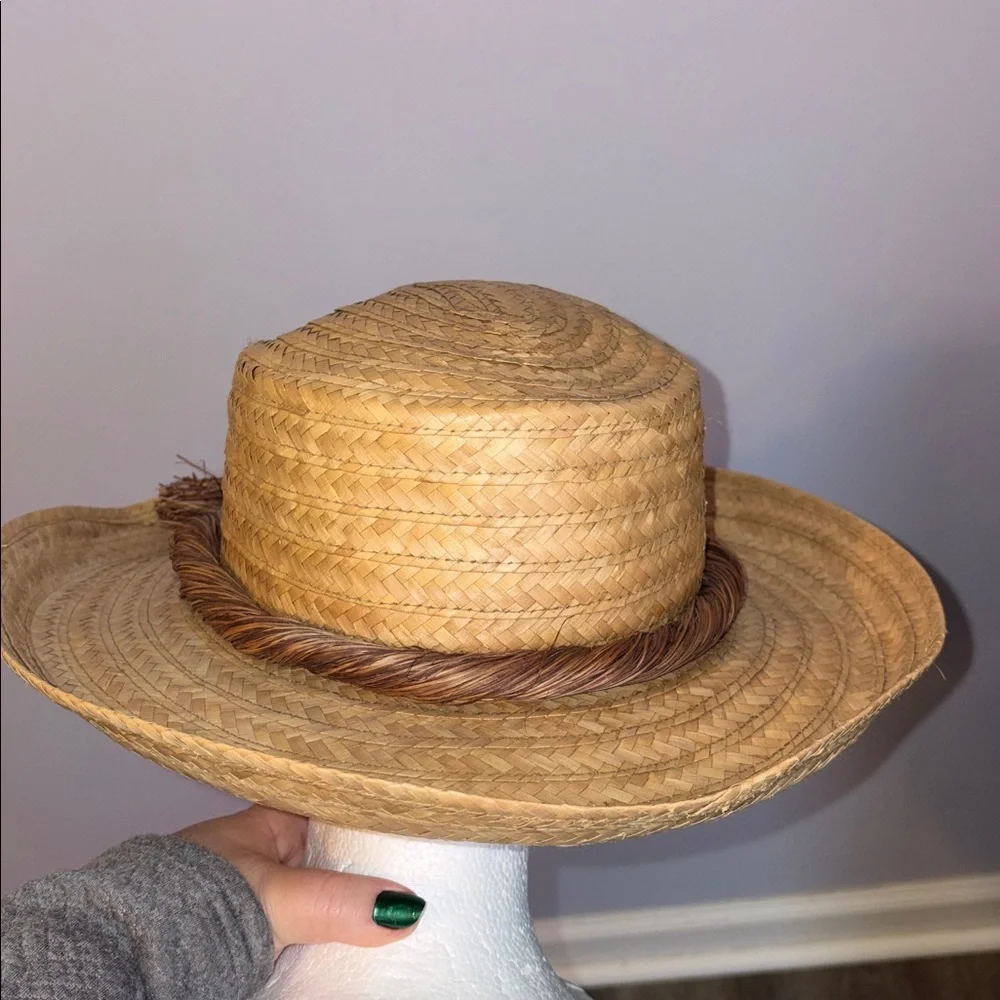Made in Philippines Straw Wide Brim Hat With Rustic Floral Detail Cottagecore OS